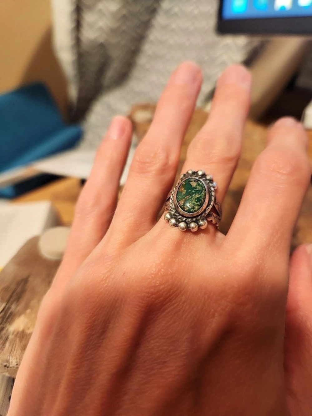 Green Oval Stone Sterling Silver Ring